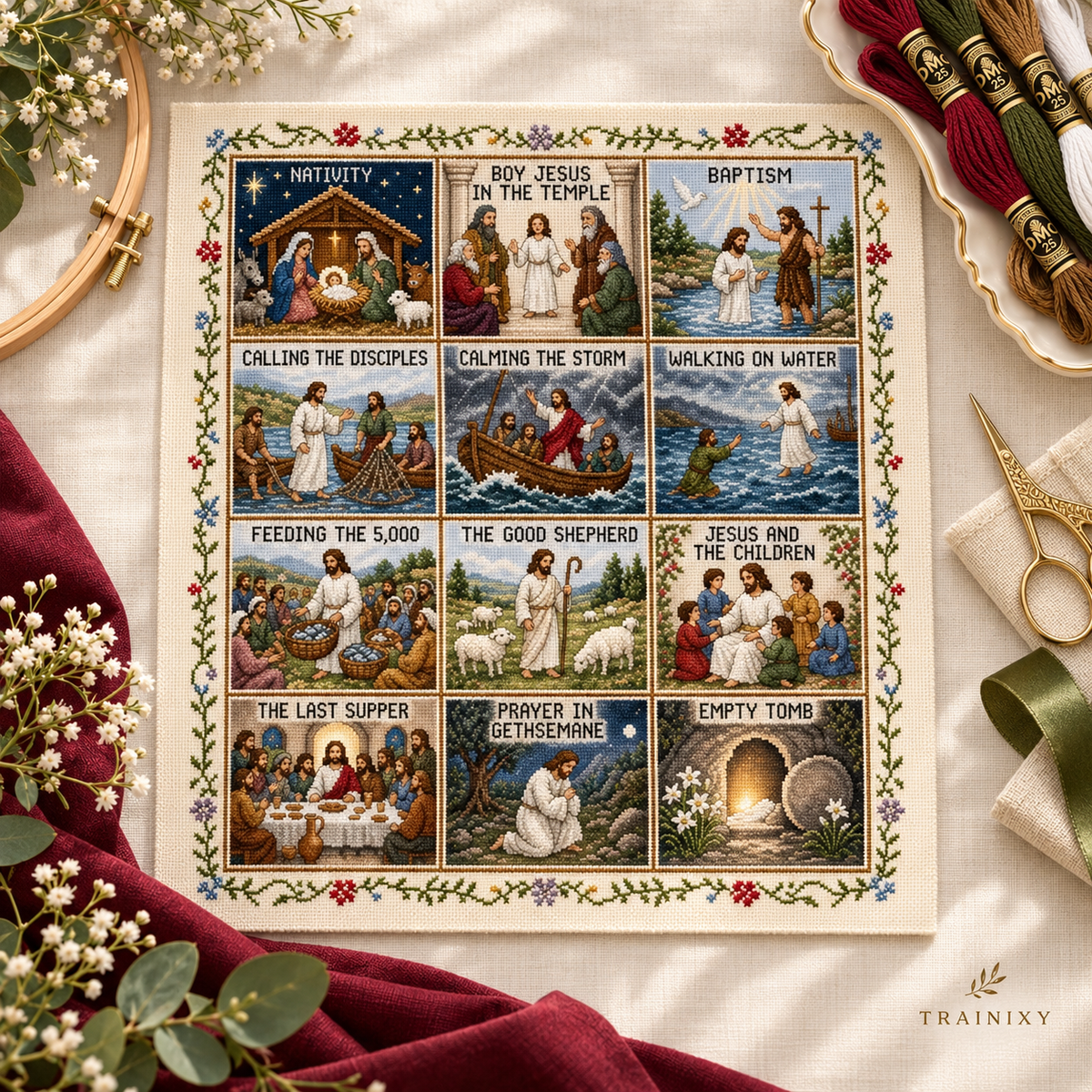 Life of Jesus Bible Story Cross Stitch DIY Kit – Beginner-Friendly Embroidery Set