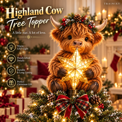 Baby Highland Cow Christmas Tree Topper with Glowing Star