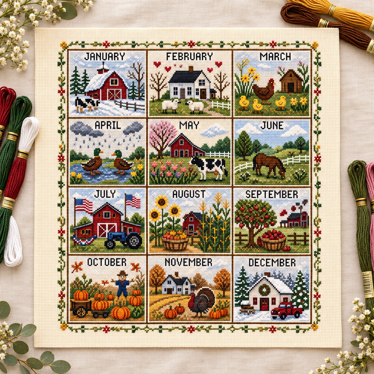 A Year in Stitches – 12-Month Seasonal Stamped Cross Stitch Kit