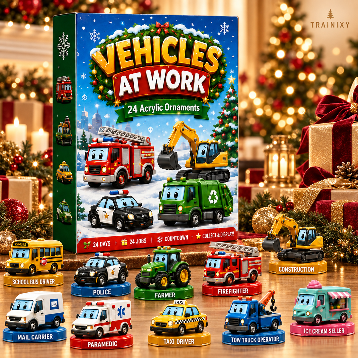 2026 Vehicles At Work Advent Calendar – 24 Days of Acrylic Vehicle Ornaments & Christmas Countdown