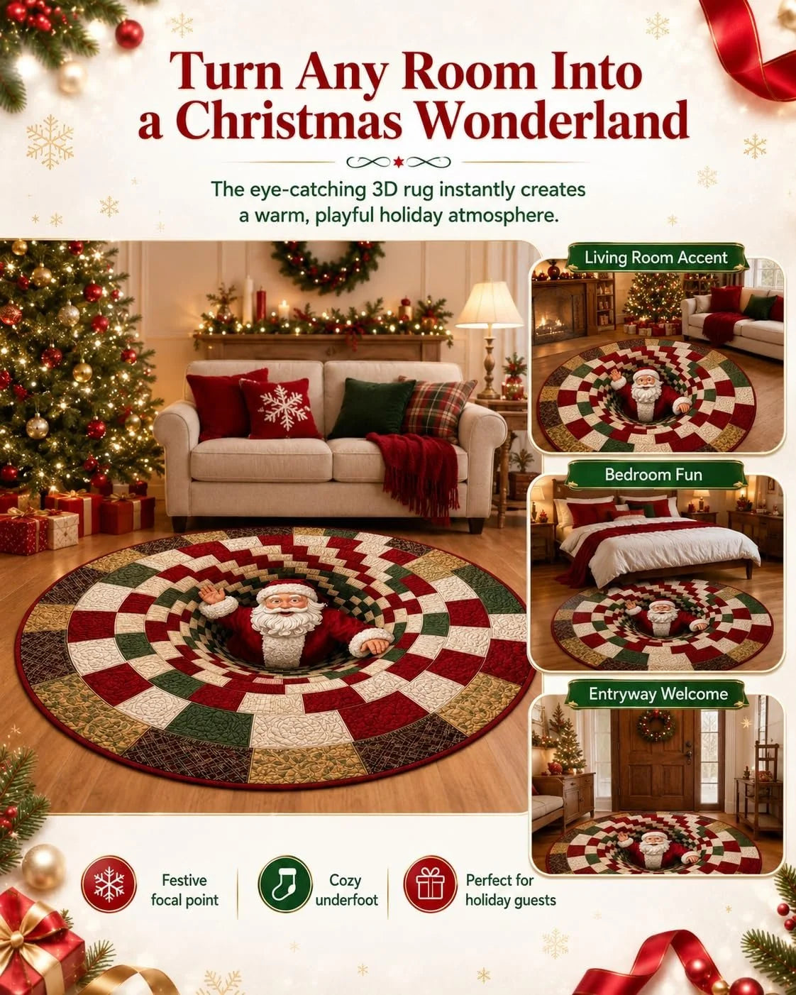 3D Christmas Gnome Optical Illusion Round Rug | Fun Festive Home Decor Must‐Have