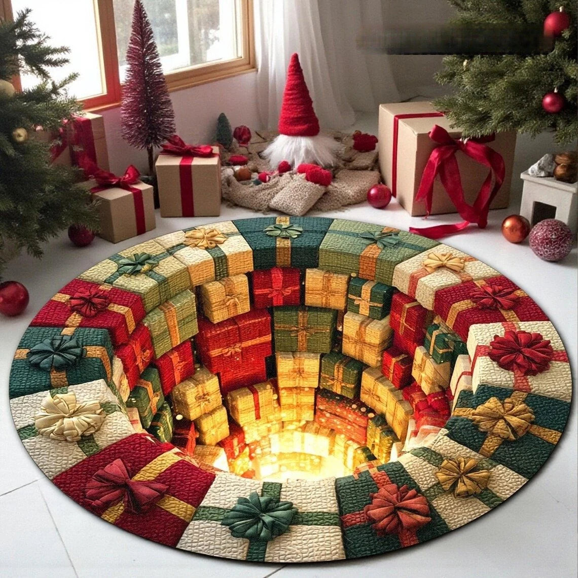 3D Christmas Gnome Optical Illusion Round Rug | Fun Festive Home Decor Must‐Have