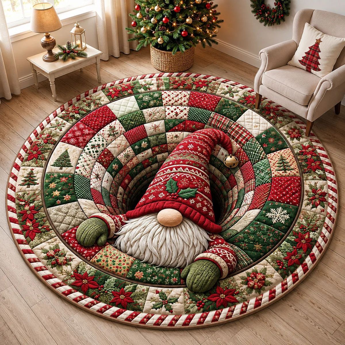 3D Christmas Gnome Optical Illusion Round Rug | Fun Festive Home Decor Must‐Have