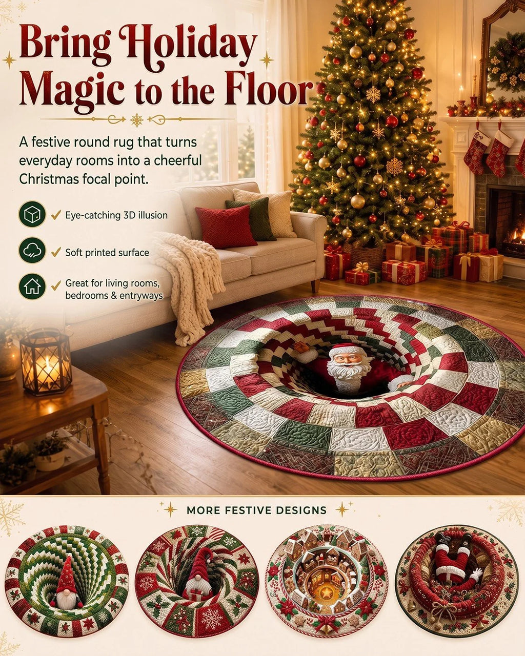 3D Christmas Gnome Optical Illusion Round Rug | Fun Festive Home Decor Must‐Have