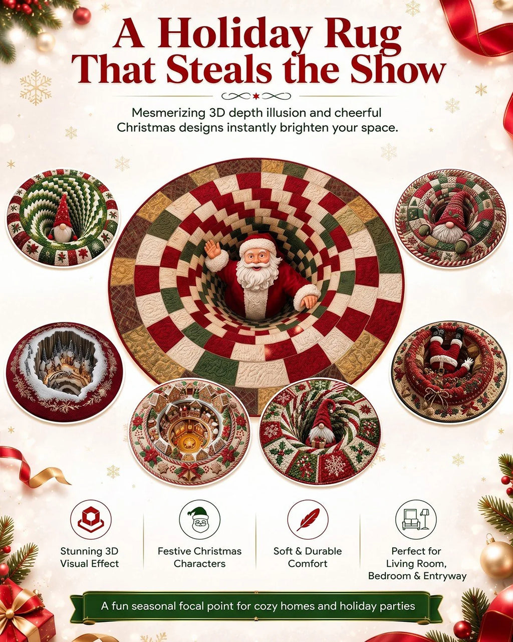 3D Christmas Gnome Optical Illusion Round Rug | Fun Festive Home Decor Must‐Have