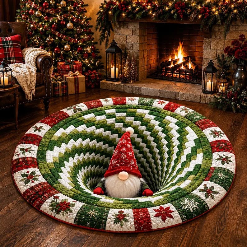 3D Christmas Gnome Optical Illusion Round Rug | Fun Festive Home Decor Must‐Have