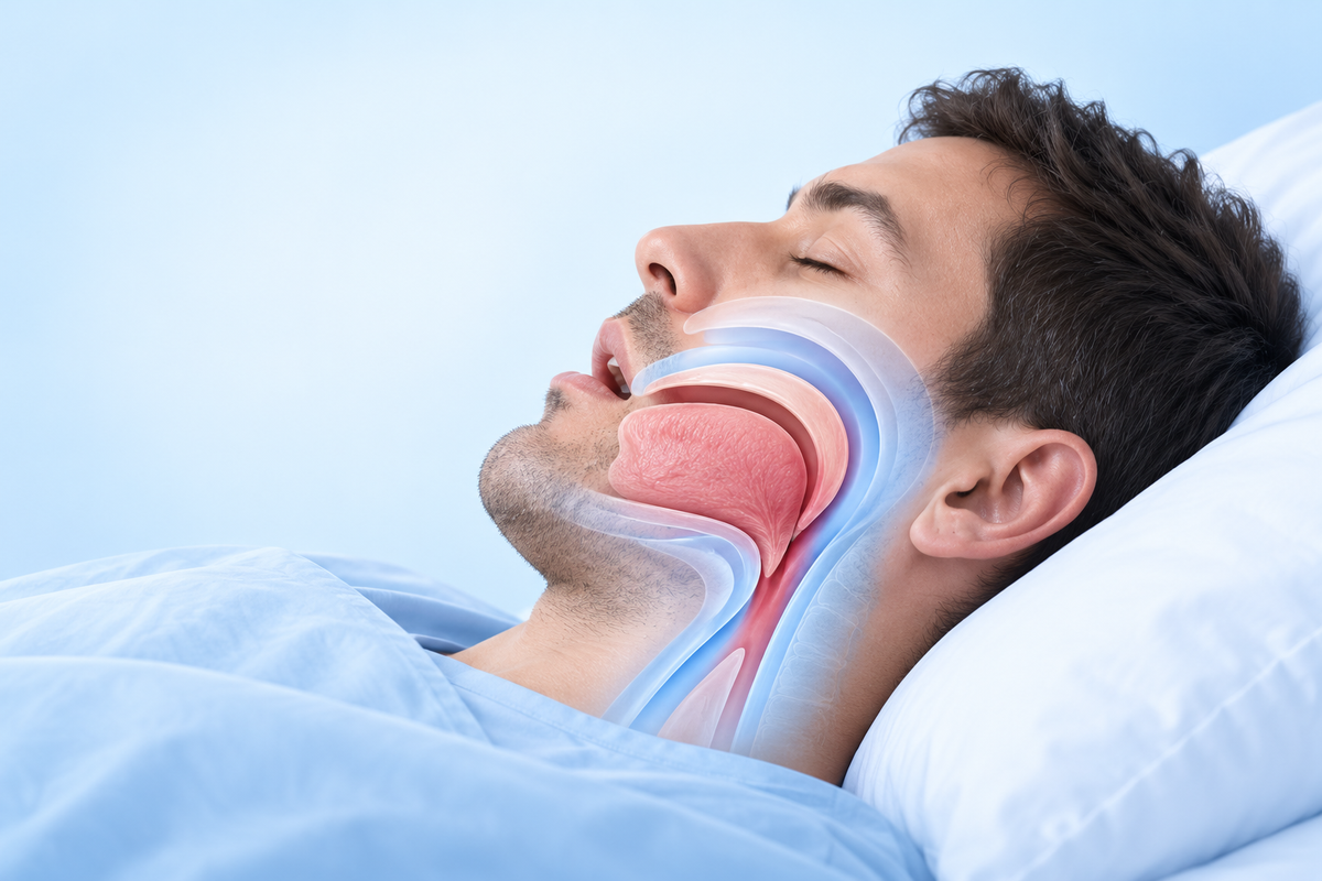 Tongue falls back and blocks airway