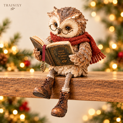 Whimsical Reading Owl Figurine with Boots & Scarf