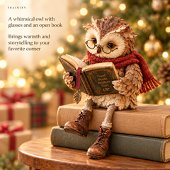 Whimsical Reading Owl Figurine with Boots & Scarf