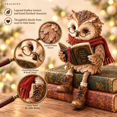 Whimsical Reading Owl Figurine with Boots & Scarf