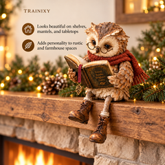 Whimsical Reading Owl Figurine with Boots & Scarf