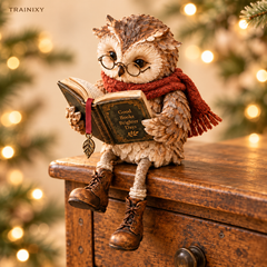 Whimsical Reading Owl Figurine with Boots & Scarf