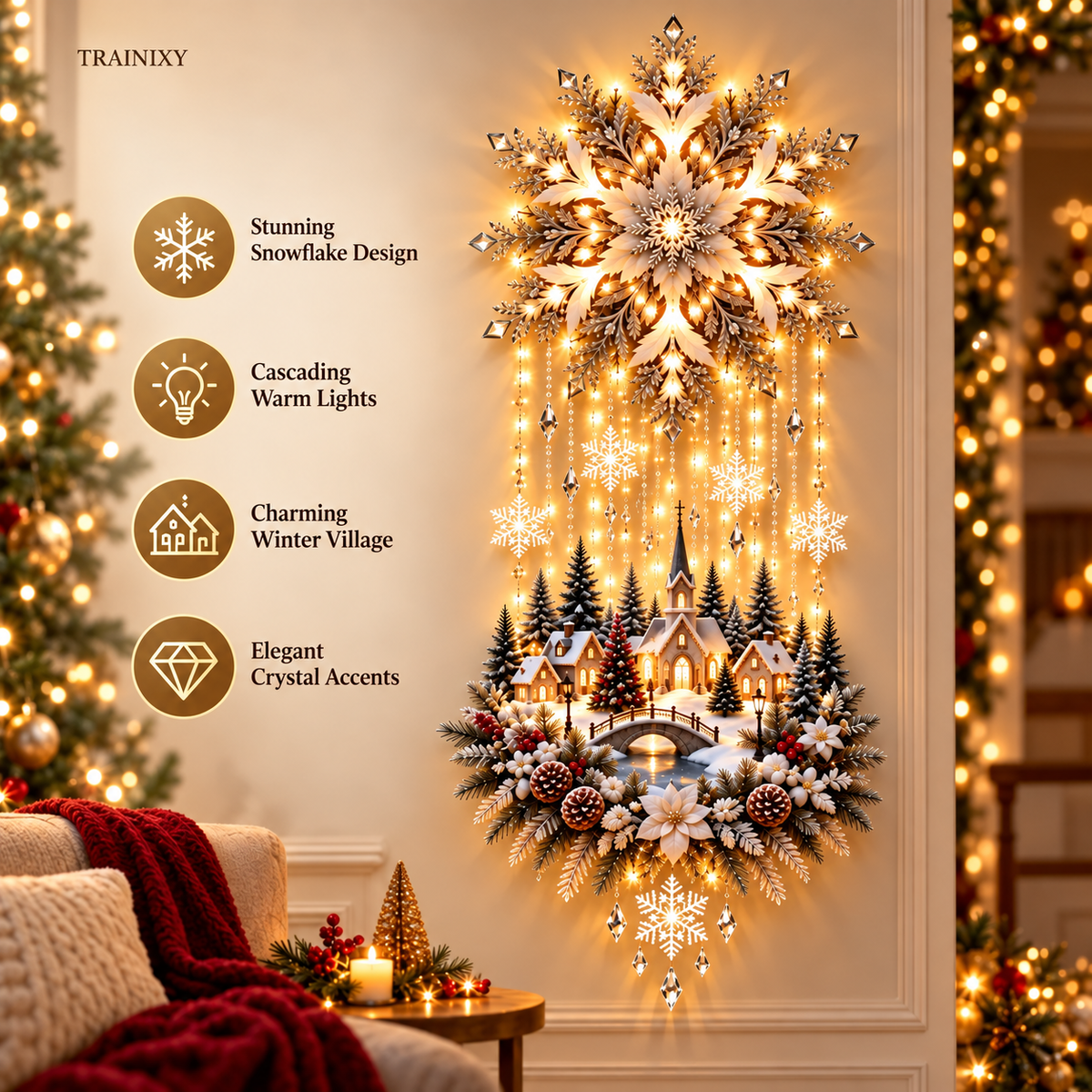 LED Lighted Christmas Village Snowflake Wall Hanging