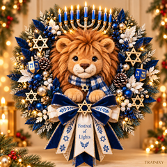 Lion of Judah Hanukkah Lighted Wreath - Front Door Holiday Decor