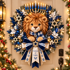 Lion of Judah Hanukkah Lighted Wreath - Front Door Holiday Decor