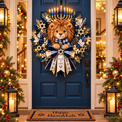 Lion of Judah Hanukkah Lighted Wreath - Front Door Holiday Decor