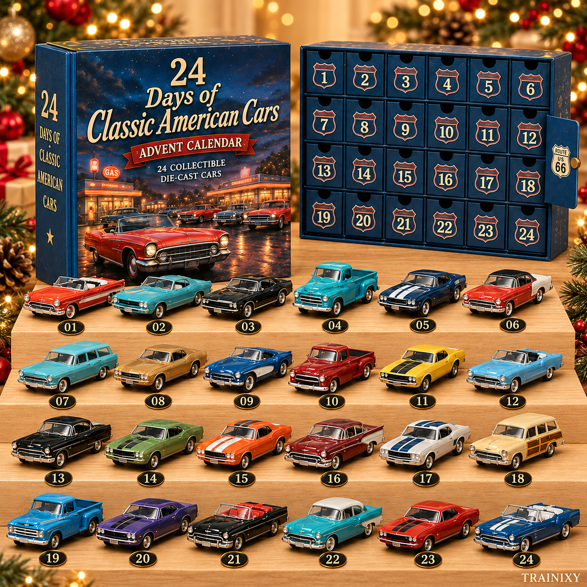 Classic American Cars Advent Calendar – 24 Pcs Acrylic Christmas Tree Ornaments