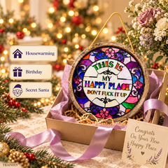 Funny "Happy Place" Acrylic Suncatcher, Faux Stained Glass Window Decor