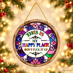 Funny "Happy Place" Acrylic Suncatcher, Faux Stained Glass Window Decor