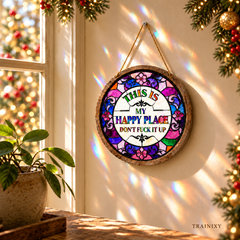 Funny "Happy Place" Acrylic Suncatcher, Faux Stained Glass Window Decor