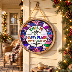 Funny "Happy Place" Acrylic Suncatcher, Faux Stained Glass Window Decor