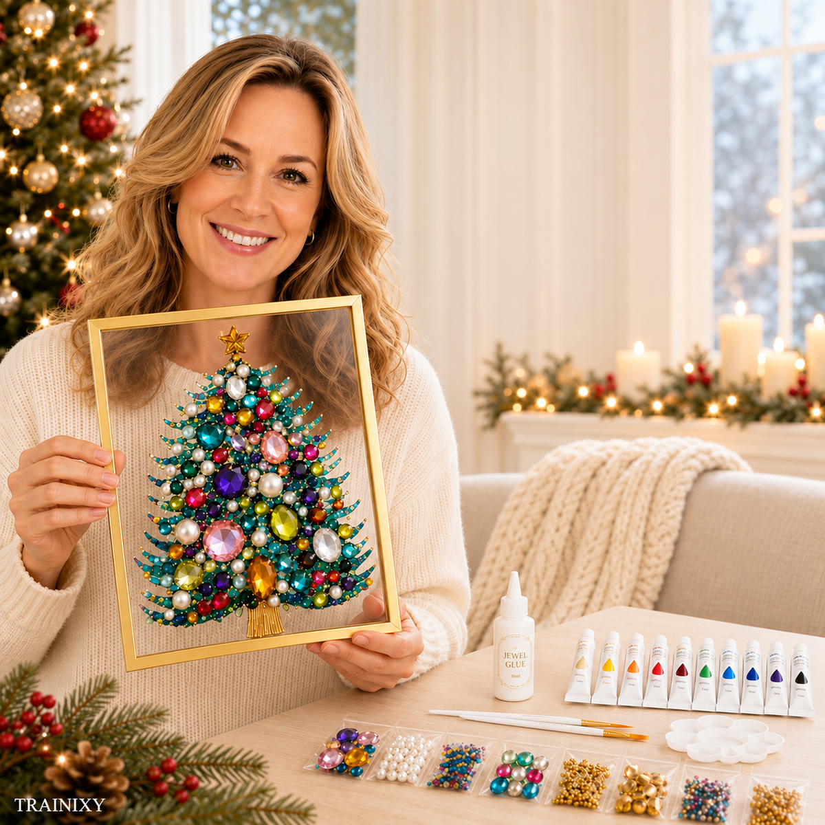 DIY Jeweled Christmas Tree Art Kit – Sparkling Gem & Pearl Craft with Floating Frame
