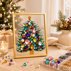 DIY Jeweled Christmas Tree Art Kit – Sparkling Gem & Pearl Craft with Floating Frame