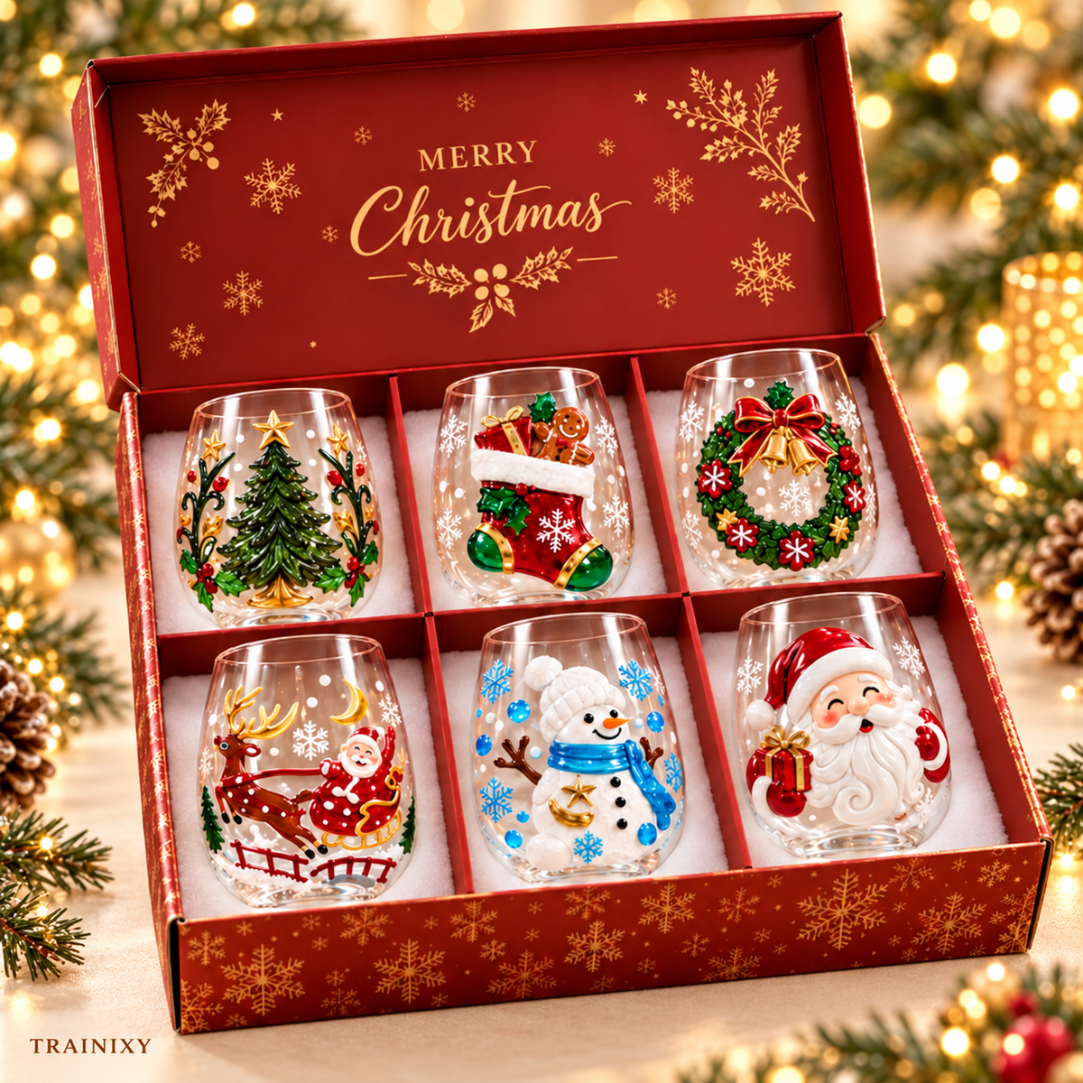 Magical Christmas Stemless Wine Glasses Set (6-Piece) – Festive Holiday Glassware Gift Box