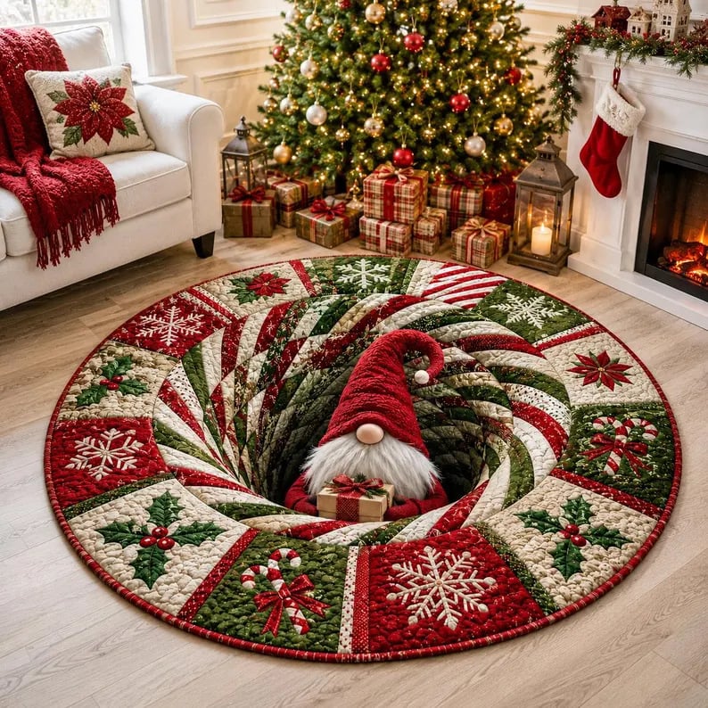 3D Christmas Gnome Optical Illusion Round Rug | Fun Festive Home Decor Must‐Have