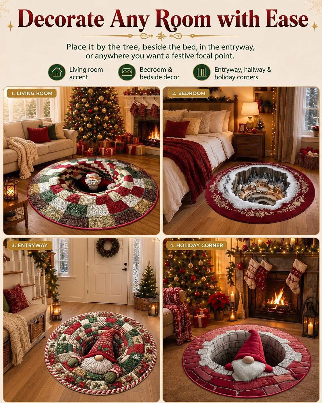 3D Christmas Gnome Optical Illusion Round Rug | Fun Festive Home Decor Must‐Have