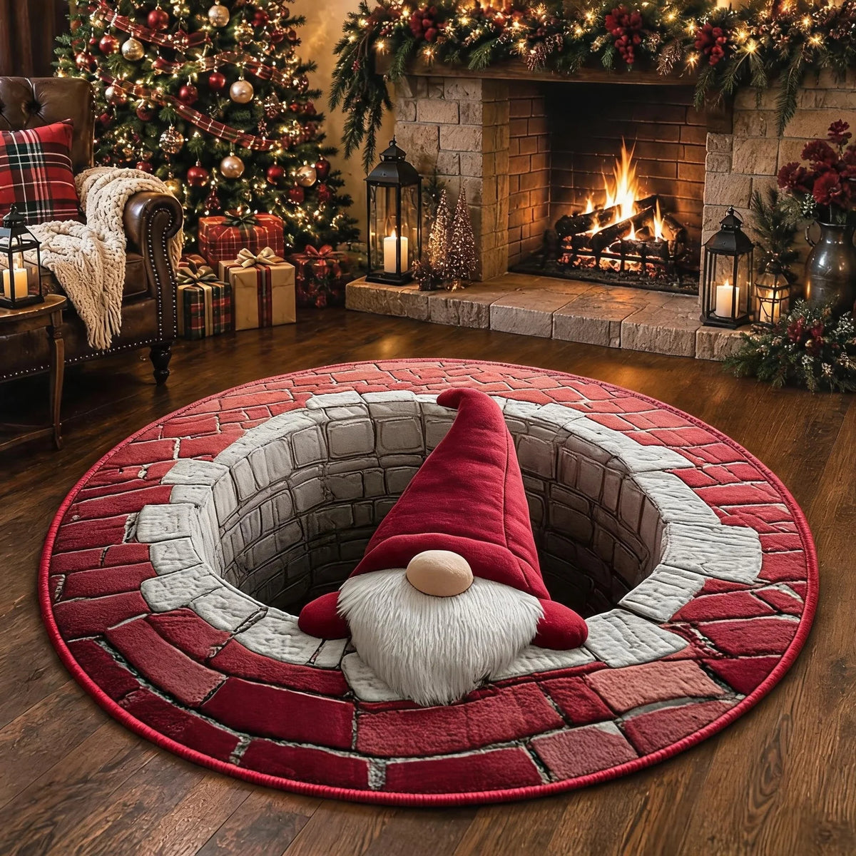 3D Christmas Gnome Optical Illusion Round Rug | Fun Festive Home Decor Must‐Have