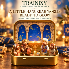 Miniature Hanukkah Menorah Diorama in Golden Tin Box – Festival of Lights Holiday Keepsake
