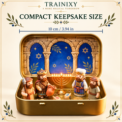 Miniature Hanukkah Menorah Diorama in Golden Tin Box – Festival of Lights Holiday Keepsake