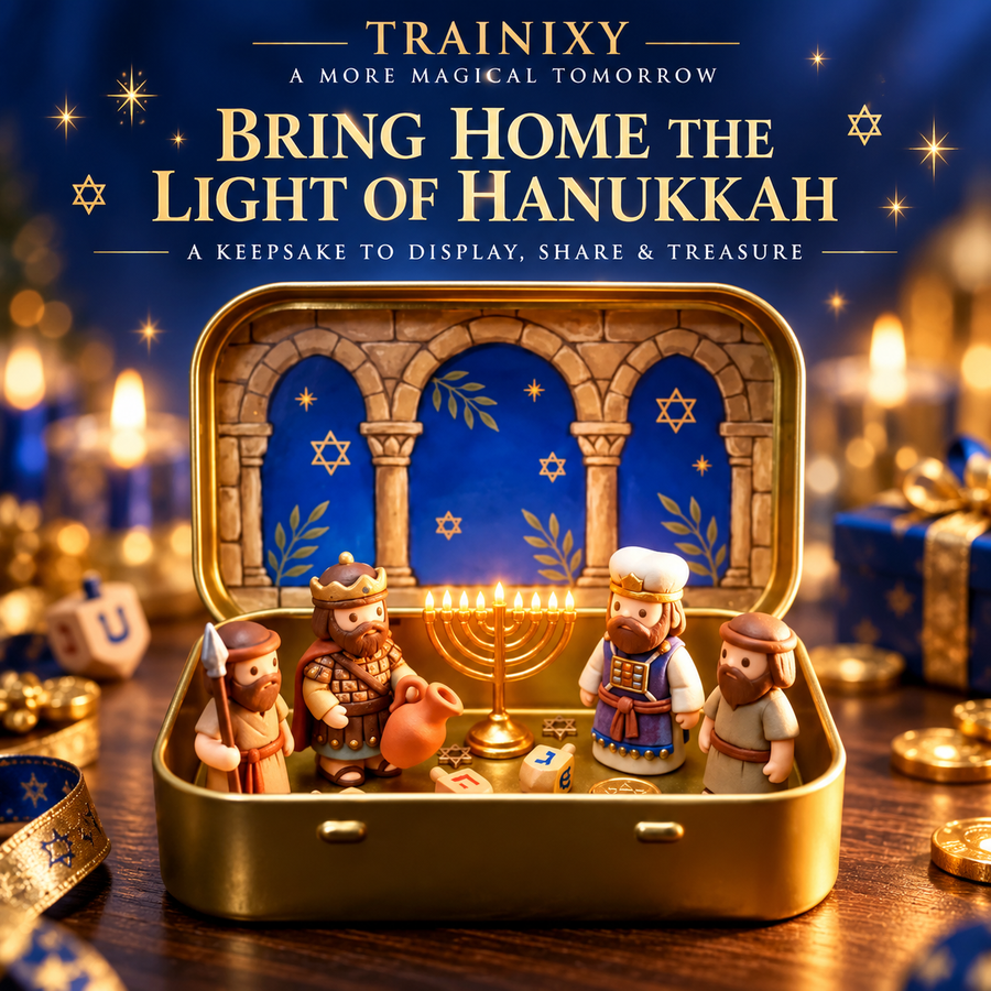 Miniature Hanukkah Menorah Diorama in Golden Tin Box – Festival of Lights Holiday Keepsake