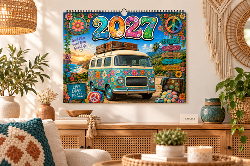 2027 Hippie Boho Wall Calendar – Retro Road Trip & Van Life Aesthetic