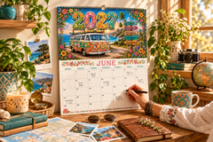 2027 Hippie Boho Wall Calendar – Retro Road Trip & Van Life Aesthetic