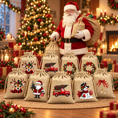 Vintage Christmas Drawstring Treat Bags (Rustic Holiday Gift Pouches)