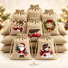 Vintage Christmas Drawstring Treat Bags (Rustic Holiday Gift Pouches)