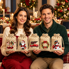 Vintage Christmas Drawstring Treat Bags (Rustic Holiday Gift Pouches)