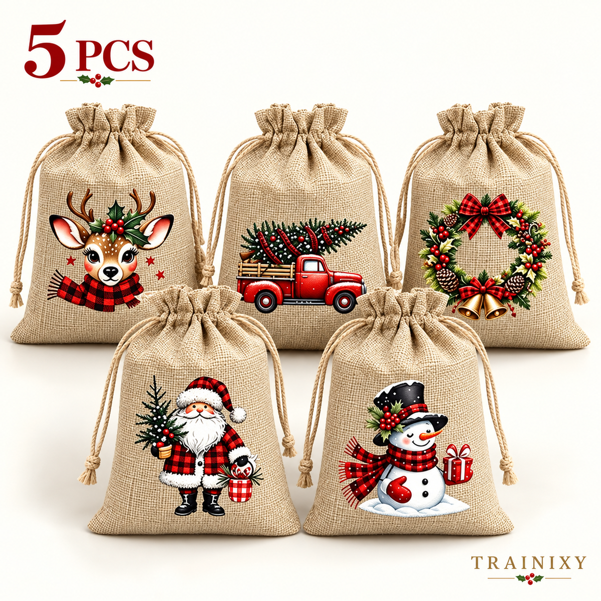 Vintage Christmas Drawstring Treat Bags (Rustic Holiday Gift Pouches)