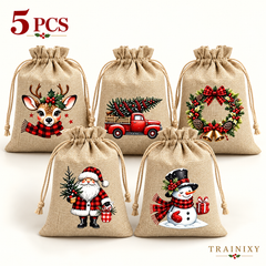 Vintage Christmas Drawstring Treat Bags (Rustic Holiday Gift Pouches)